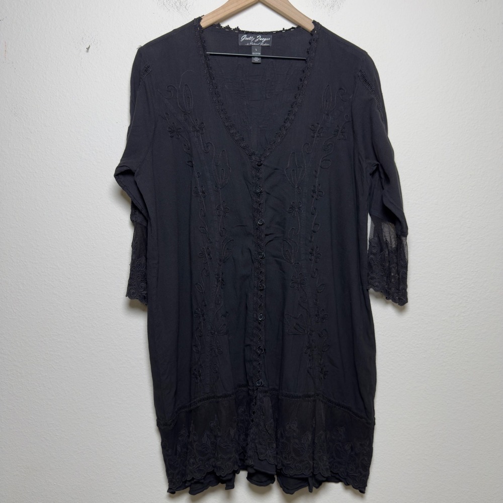 Grett Zueger Women Cotton Tunic Top L Black Embroidered Lace Button Front